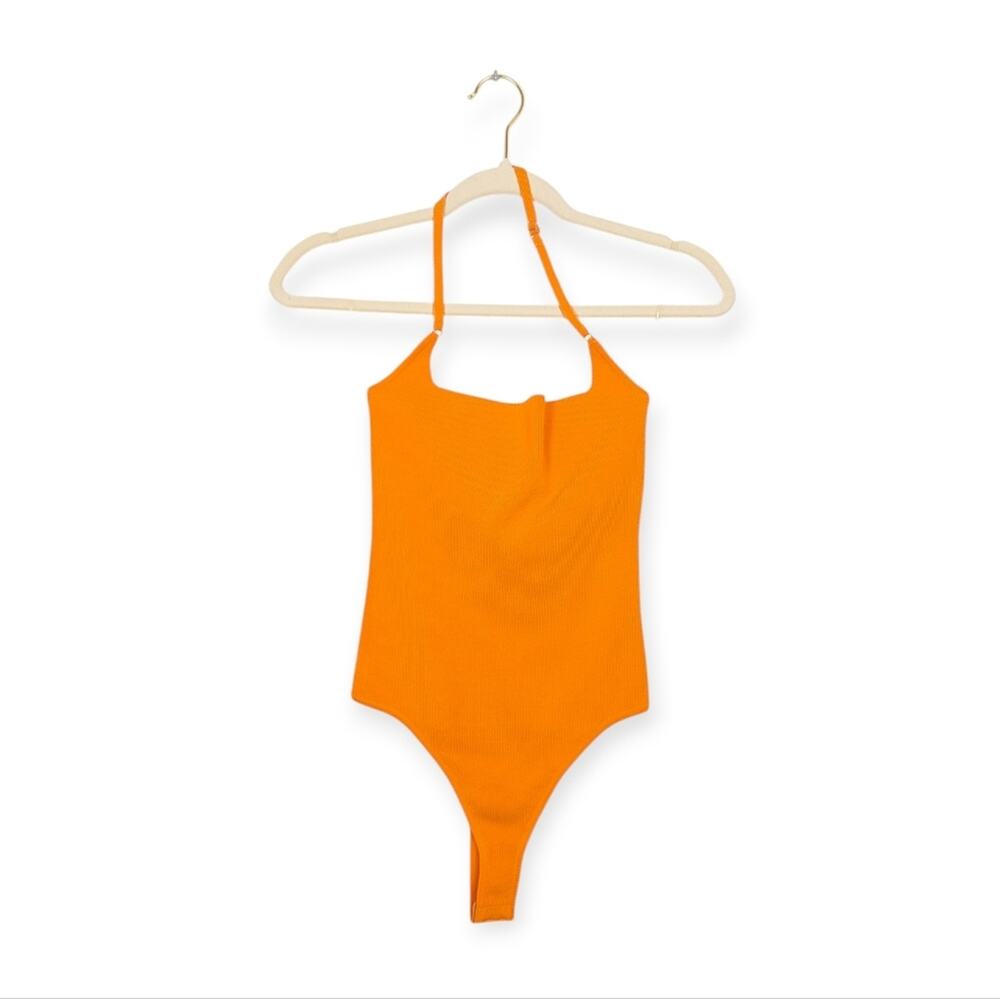 ASTR The Label Halter Bodysuit S Bright Orange Ribbed Fitted Going Out Trendy